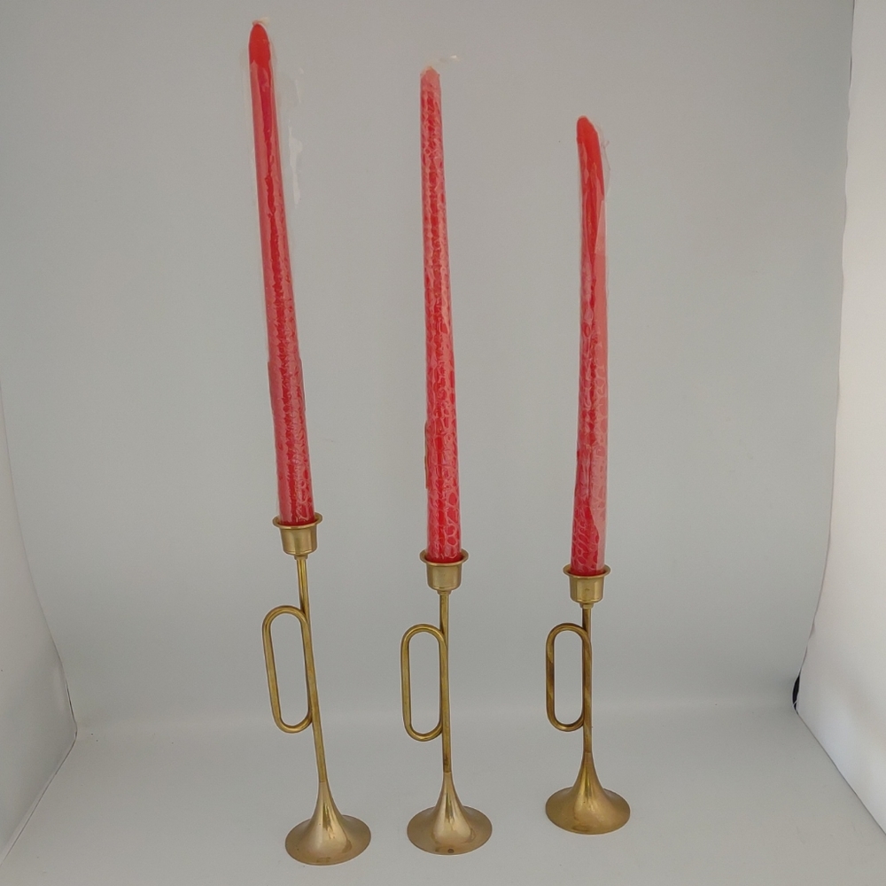 Brass Bugle Horn Trumpet Christmas Candlesticks Candle Holders Lot of 3 Vintage